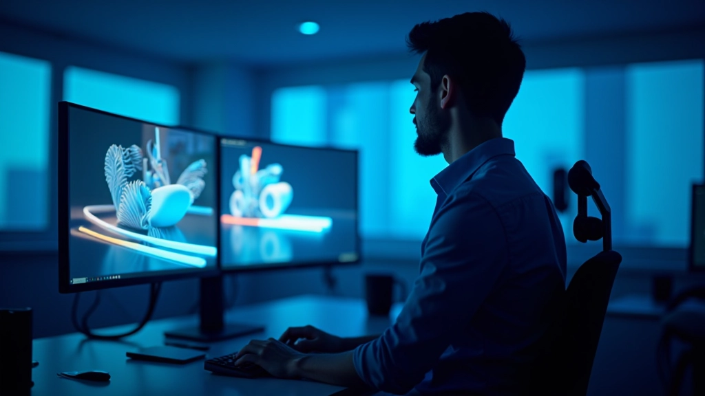 Developer working at desk with physics simulation visualizations on monitors