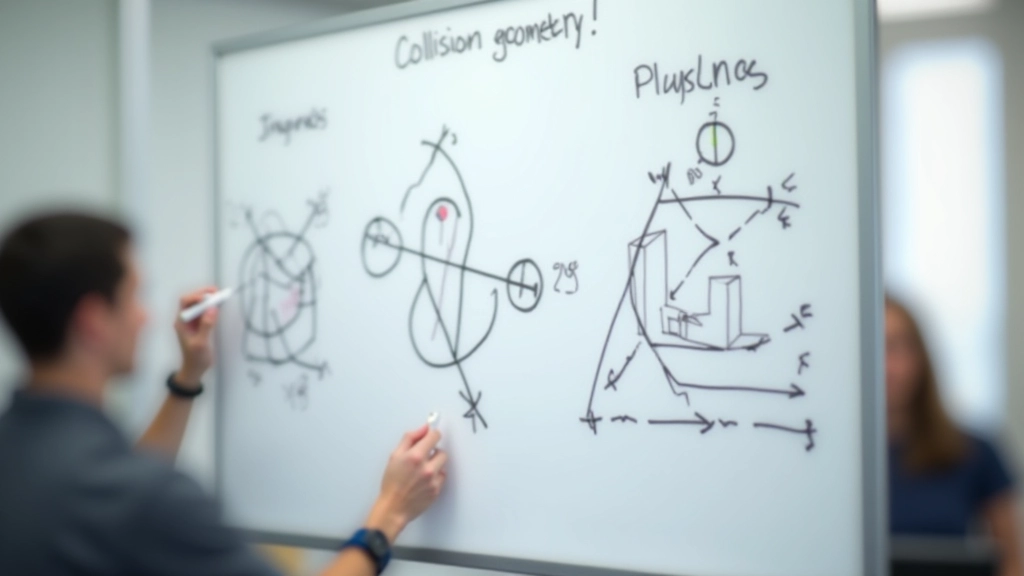 Physics simulation visualization showing object collision interactions and force vectors